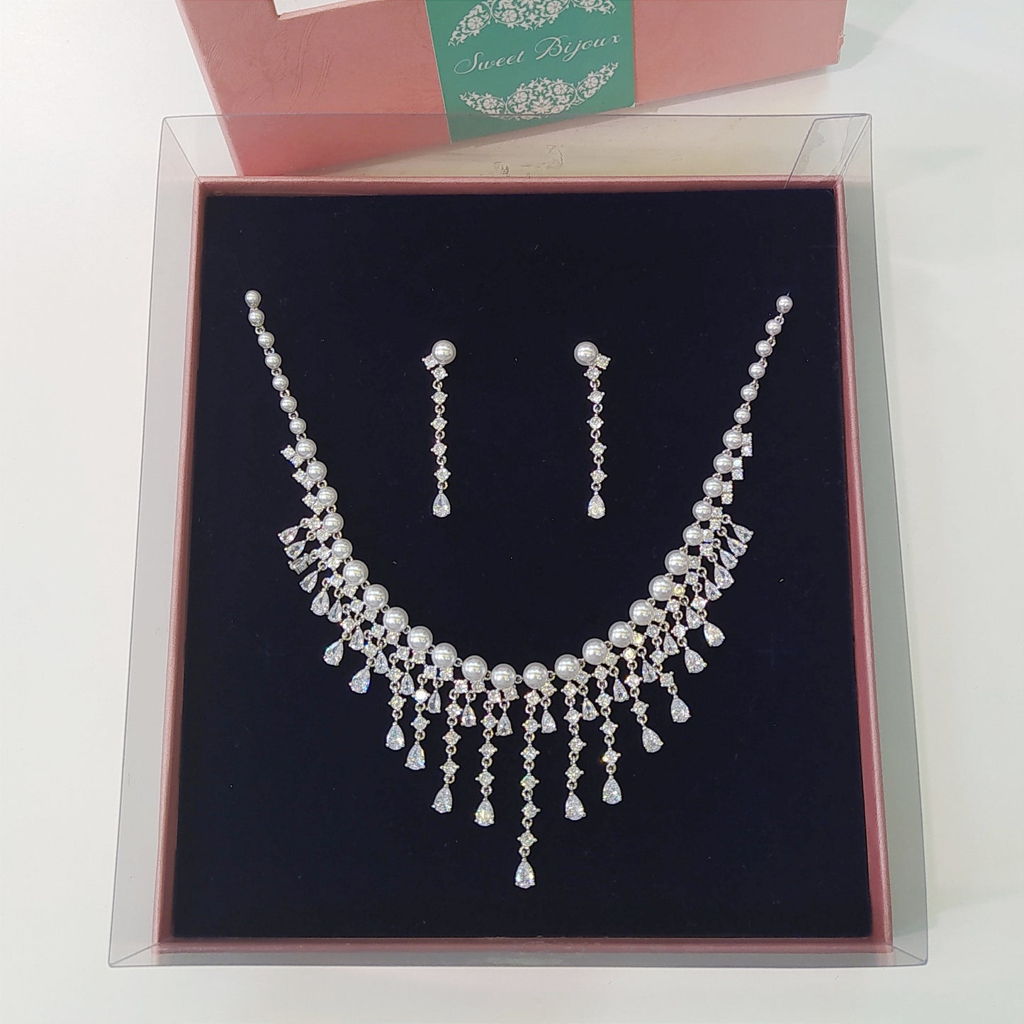 Conjunto colar e brinco de zircônia com pérola 18D9618