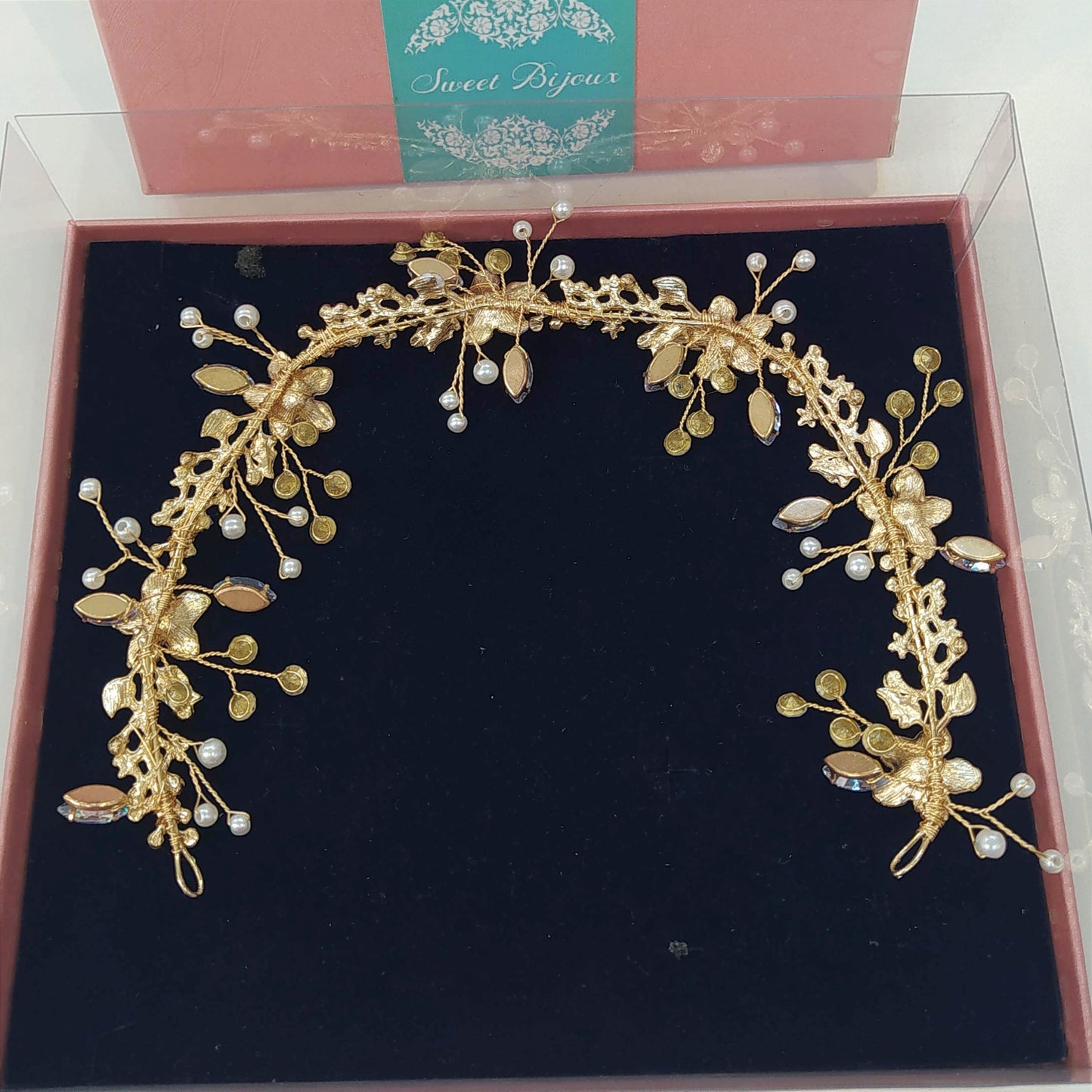 Tiara maleável de cristais e pérola dourada 1D7834F