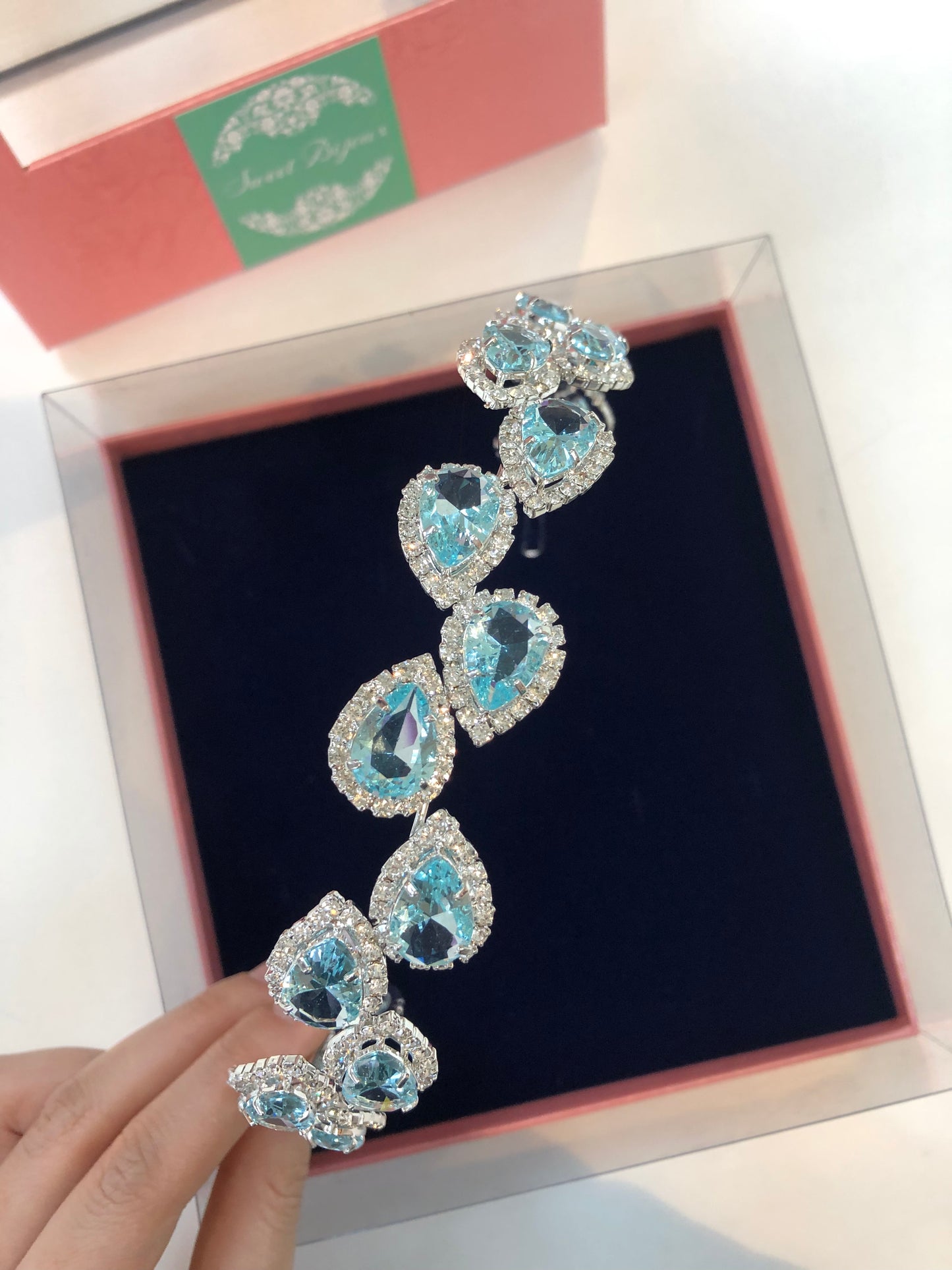 Conjunto de tiara e brinco de noiva gota azul aqua 1458C06
