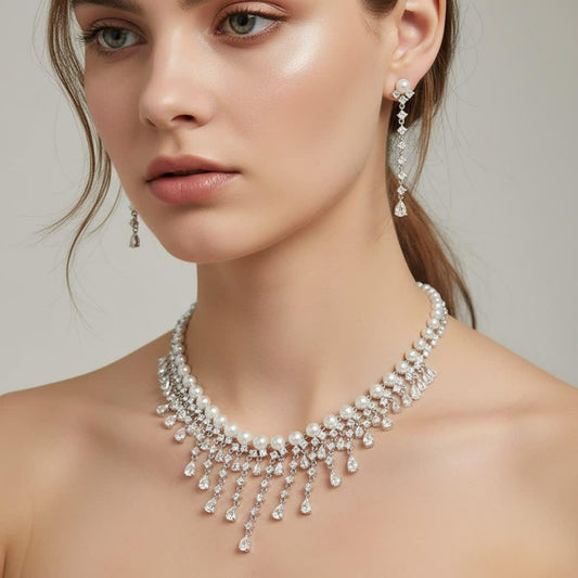 Conjunto colar e brinco de zircônia com pérola 18D9618