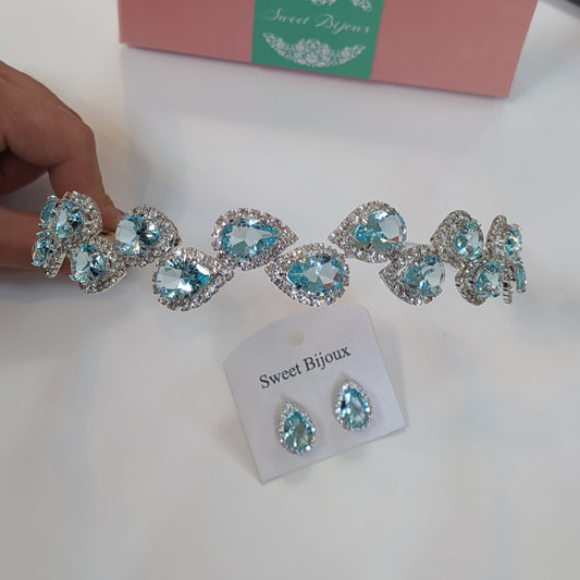 Conjunto de tiara e brinco de noiva gota azul aqua 1458C06