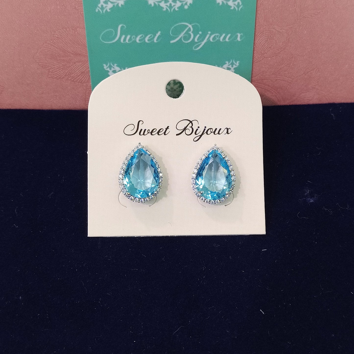 Conjunto de tiara e brinco de noiva gota azul aqua 1458C06