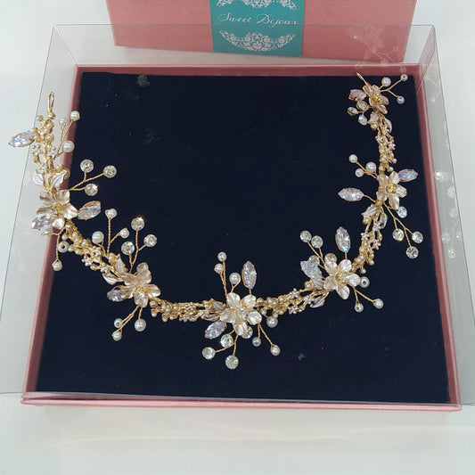 Tiara maleável de cristais e pérola dourada 1D7834F