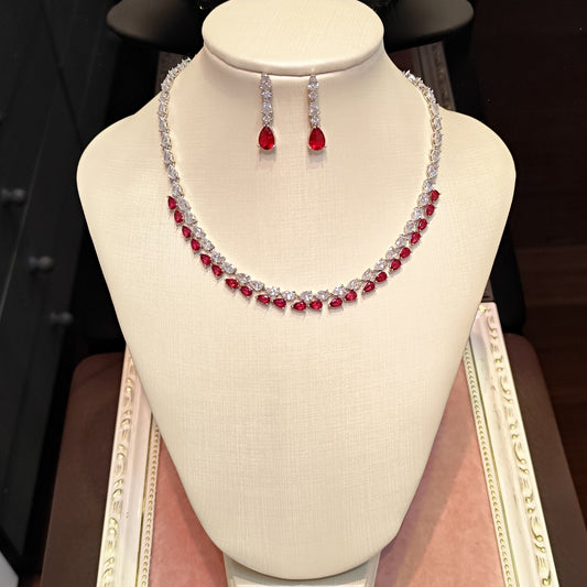 Conjunto colar e brinco de zircônia vermelho 2076071
