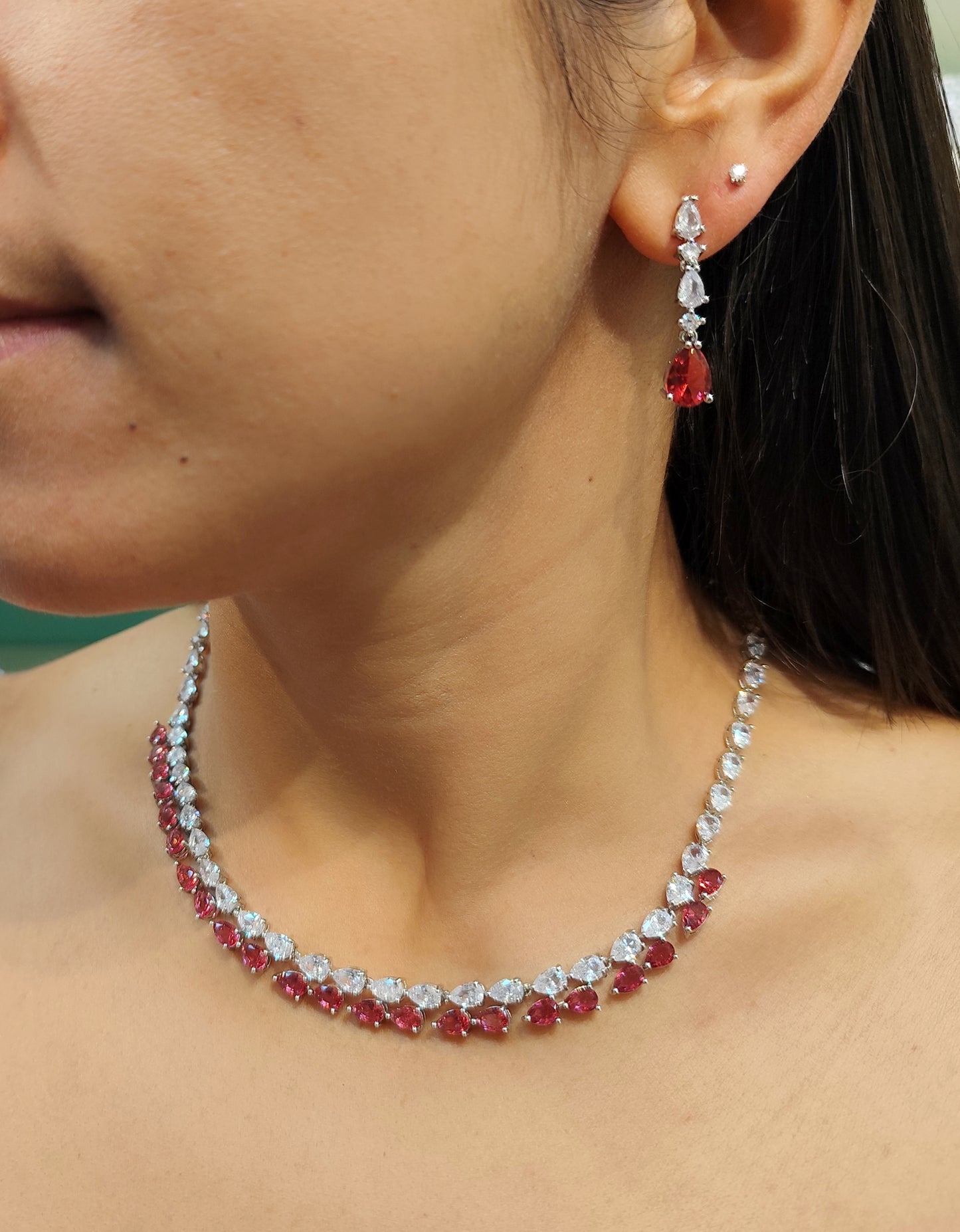 Conjunto colar e brinco de zircônia vermelho 2076071