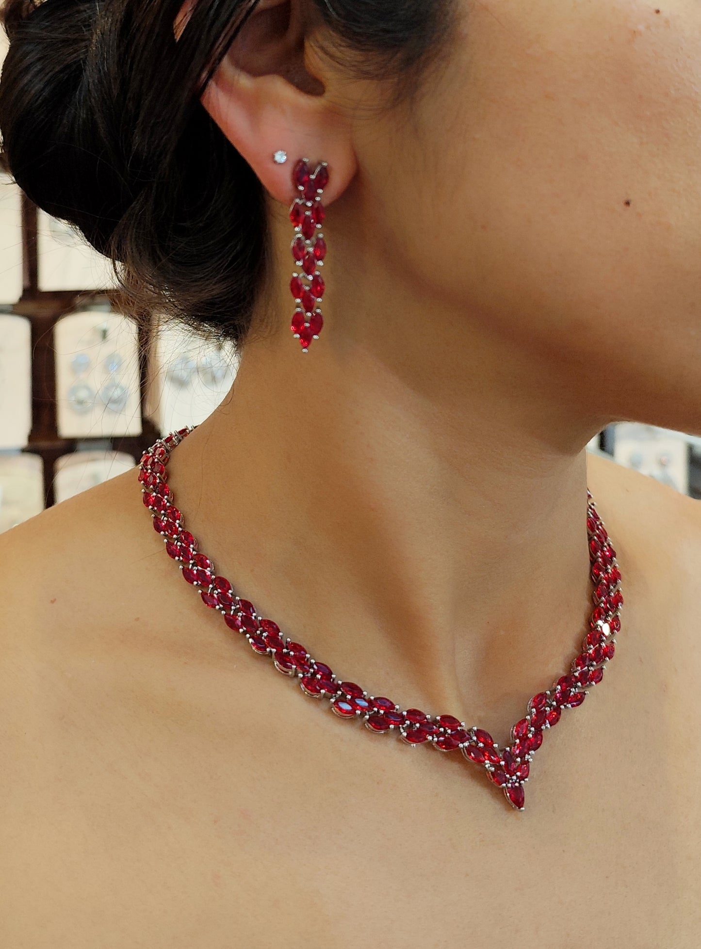 Conjunto colar e brinco de zircônia vermelho 2075FF9