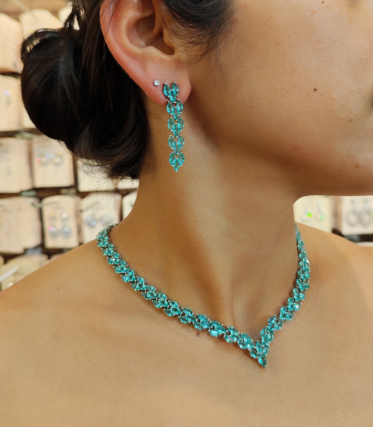 Conjunto colar e brinco de zircônia verde turmalina 2076046