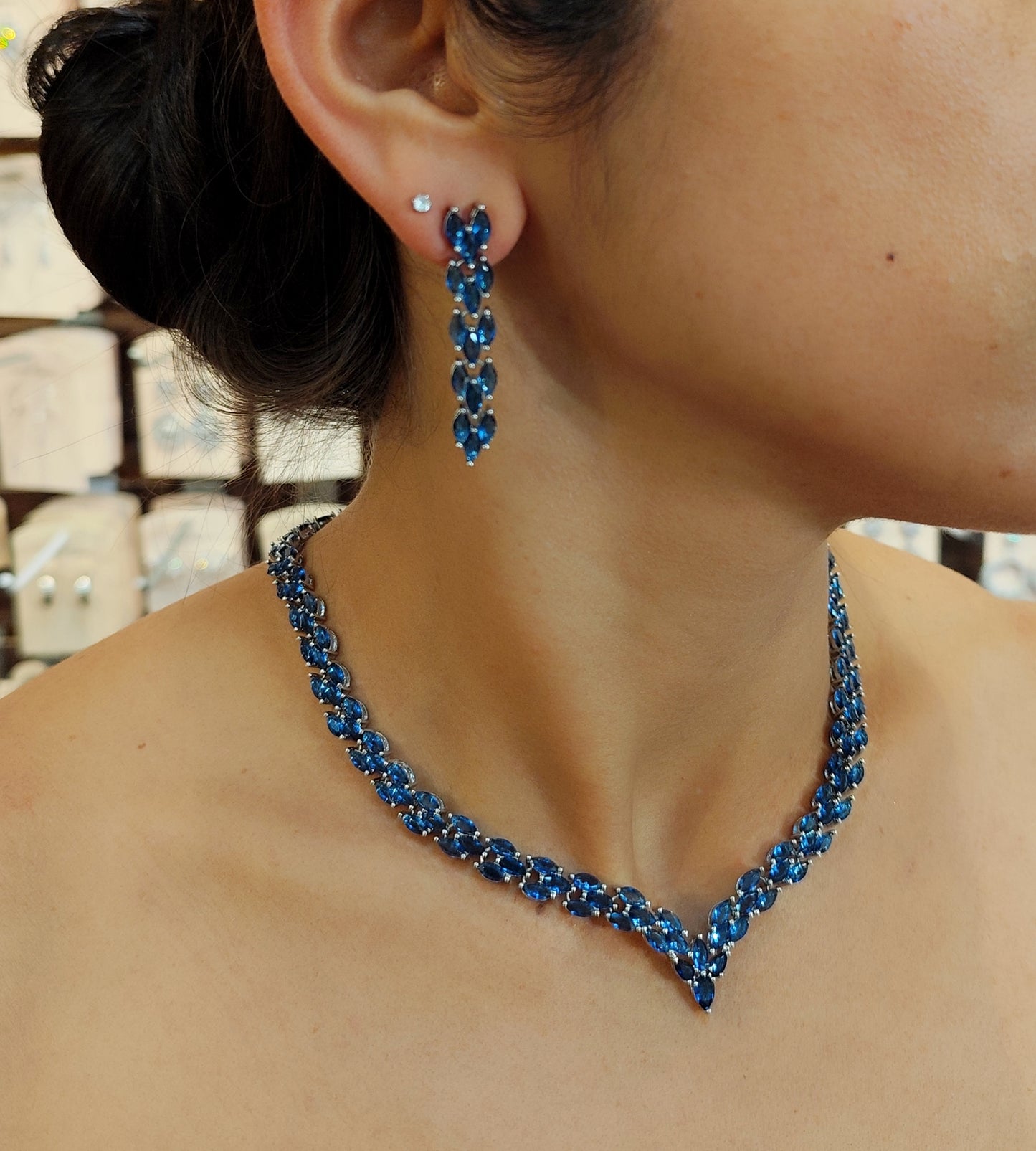 Conjunto colar e brinco de zircônia azul 2075DD1