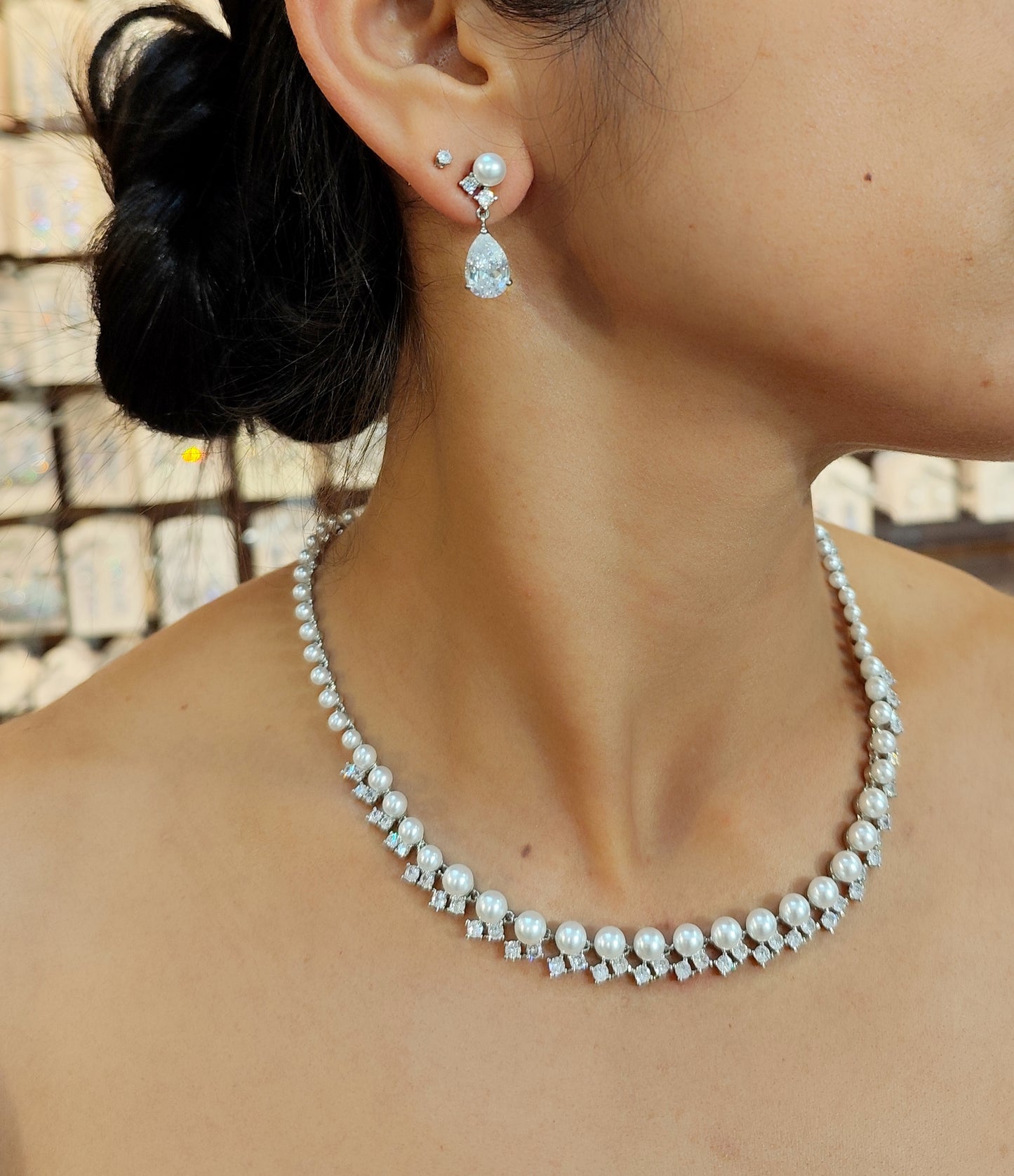 Conjunto Colar e Brinco de Pérola com Zircônia 2073389